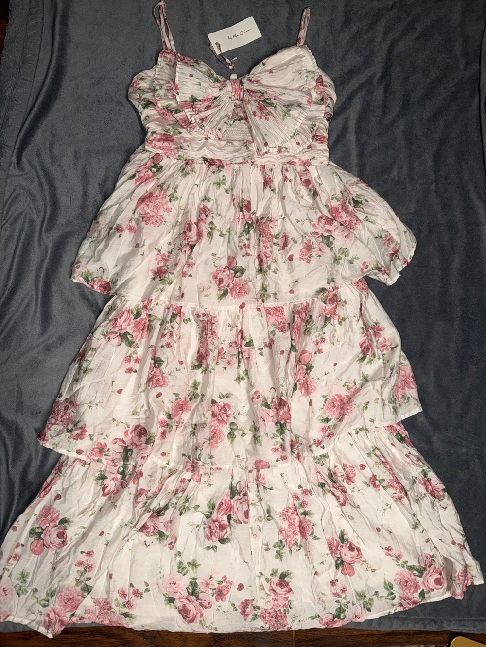 Romantic Pink Floral Tiered Midi Dress with Spaghetti Straps